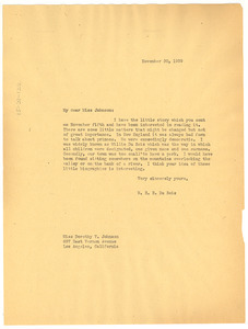 Letter from W. E. B. Du Bois to Dorothy V. Johnson