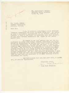 Letter from John Hope Franklin to W. E. B. Du Bois