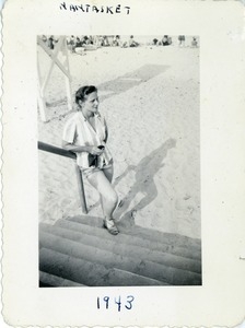 Bernice Kahn on stairs at Nantasket beach