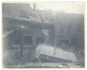 Dudley Street accident, view from tracks of car lodged in building