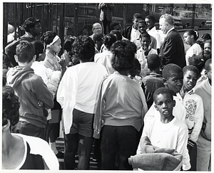 Mayor John F. Collins with large group of children outdoors