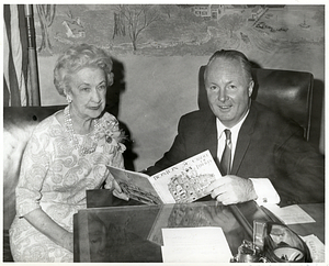 Mayor John F. Collins with Pauline A. Leahy, a city employee retiring after 45 years of service