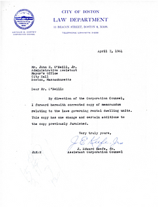 Letter from J. Edward Keefe, Jr of the City of Boston's Law Department to John H O'Neill, Administrative Assistant to Mayor John Collins with attached laws governing rental dwellings