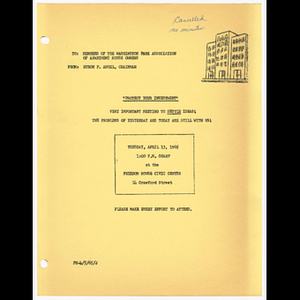Memorandum from Byron F. Angel, Chairman to members of the Washington Park Association of Apartment House Owners about meeting on April 13, 1965