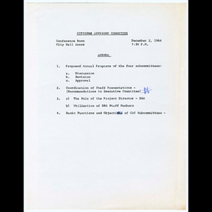 Agenda for Citizens Advisory Committee (CAC) meeting on December 2, 1964