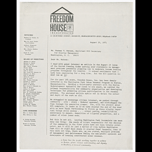 Letter from O. Phillip Snowden to Mr. Norman V. Watson seeking guidance about work of Freedom House Development Corporation regarding housing