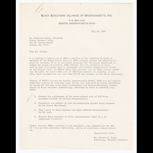 Letter from Ms. Deborah D. Dancy to Ms. Kathleen Kelley about Black Educators' Alliance of Massachusetts (BEAM) opposing reduction of teachers