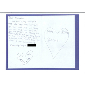 Sympathy card from a student at St. Anthony of Padua Parish School (Fairport Harbor, Ohio)