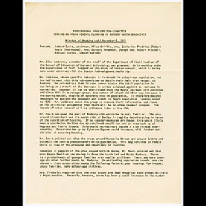 Minutes for Professional Advisory Sub-committee meeting on November 6, 1961 and memorandum from Alice Griffin to members of the Roxbury-North Dorchester Professional Advisory Committee about meeting on November 27, 1961