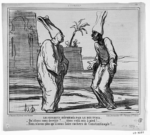 Les EUNUQUES RÉFORMÉS PAR LE BEY DE TUNIS. - Qu'allons-nous devenir?..... nous voilà mis à pied!... - Nous n'avons plus qu'à nous faire cochers de Constantinople!....