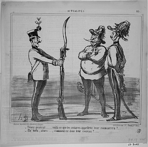 - Tenez général........ voilà ce que les zouaves appellent leur FOURCHETTE!!.... - Eh bien, alors........, comment est donc leur couteau?........