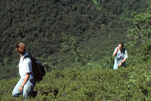 Paola Peacock and Jessica Tierney hiking in grid cell 1205 near Petersburg Pass.