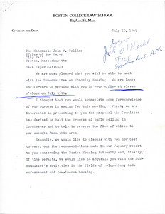 Letter from Dean of Boston College Law School Robert F. Drinan to Mayor John Collins concerning an impending meeting on housing equality