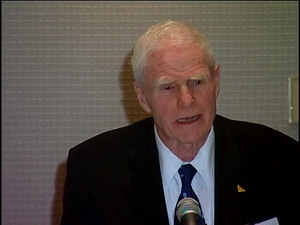 Former New Jersey governor Brendan Byrne speaks at the Charles Hotel in Cambridge, MA