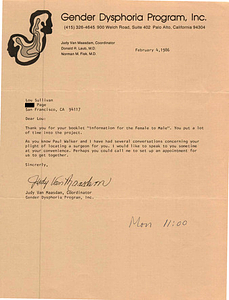 Correspondence from Judy Van Maasam to Lou Sullivan (February 4, 1986)