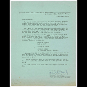 Letter from Frank W. Morris, Jr. to neighbors to attend Freedom House Civic Center Association meeting