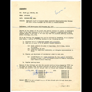 Memorandum from the Snowdens to Walter Smart and Thomas Jenkins concerning tentative draft of Freedom House Community Organization Work Program for both social planning and residential rehabilitation