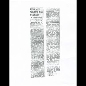 Photocopy of Boston Globe article, BRA gets $25,000- not $100,000