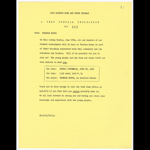 Memorandum from Freedom House inviting community members to meet students participating in the 1965 Roxbury Work and Study Program