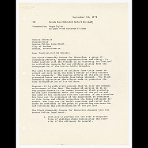 Letter presented by Roger Taylor and Columbia Point Concerned Citizens to Deputy Superintendent Herbert Craigwell and Commissioner Robert DiGrazia about the Black Community Caucus on Education and desegregation of Boston public schools
