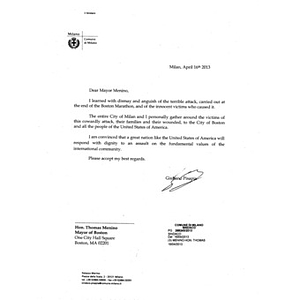 Letter to the city of Boston from Giuliano Pisapia, the Mayor of Milan