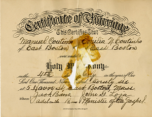 Manuel and Emilia Coutinho marriage certificate