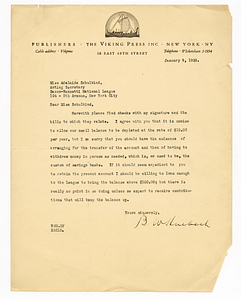 Letter from B.W. Huebsch to Adelaide Schulkind, January 9, 1932