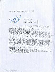 The "first public" Basketball Game News Report (March 12, 1892)