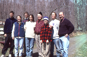 Norman E. Borlaug field trip to the Hopkins Memorial Forest. 14. Three generations of Permanent Plotters (left to right) Tim Billo (Class of 1997), Emilie Grossmann (Class of 1996), Henry W. Art (ENVI/BIOL, Dartmouth, Class of 1966), Amy K. Smith...