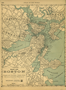 Map of Boston Showing Freight and Passenger Depots, Grain Elevators, Steamboat Wharves, etc.