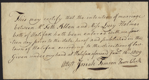 Marriage Intention of Seth Allen and Lucy Holmes, 1809