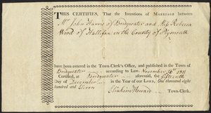 Marriage Intention of John Harris of Bridgewater, Massachusetts and Rebecca Wood, 1811