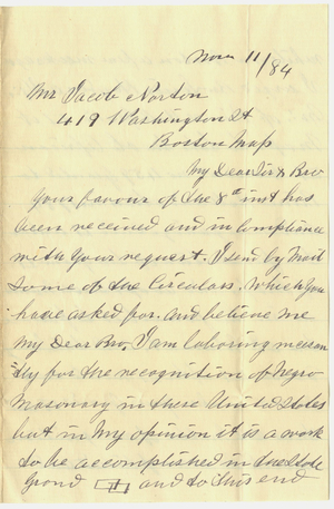 Letter from Peter W. Ray to Jacob Norton, 1884 November 11