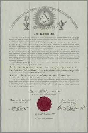 Raymond Supreme Council expulsion certificate for Charles W. Moore and Killian H. Van Rensselaer, 1862 January 22