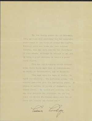 Speech honoring Washington's birth and photograph of President Coolidge, 1931