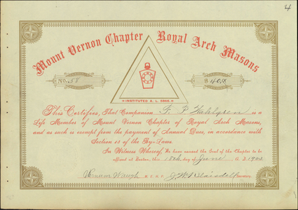 Life membership certificate issued to Fredrick Peter Wahlgren, 1903 June 18