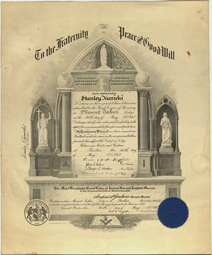 Master Mason certificate issued to Stanley Kunicki, 1957 May 16