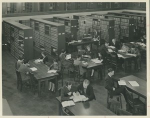 Overhead shot of Suffolk University Law School students studying in the law section of library