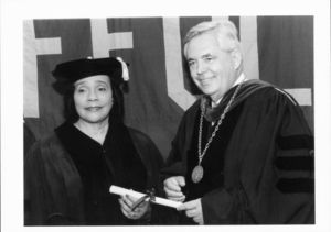 President David J. Sargent with Coretta Scott King at the 1997 Suffolk University commencement