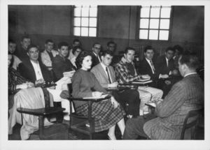 Suffolk University students attend class, circa 1950s