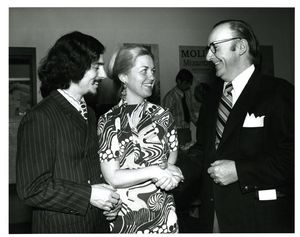 Professor Judith Dushku (CAS), her husband and President Thomas A. Fulham (1970-1980) at Suffolk University's Gold Key Induction ceremony, 1972