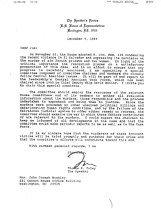 Letter from Speaker Thomas S. Foley to John Joseph Moakley naming him head of the committee to investigate Jesuit murders in El Salvador, 5 December 1989