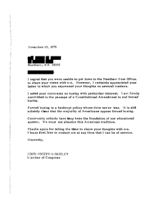 Correspondence between John Joseph Moakley and a Needham constituent regarding busing, 1 November 1975