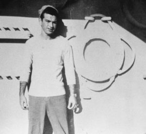 John Joseph Moakley on naval ship during his service as a Seabee during World War II, circa 1943
