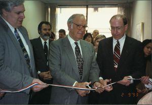 John Joseph Moakley, Gerry Studds, and Brockton Mayor Winthrop H. Farwell at Brockton District Office opening, 9 February 1993