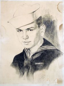 Portrait illustration of John Joseph Moakley in his Navy uniform, charcoal on paper, March 1945