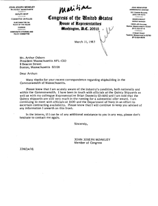 Correspondence between John Joseph Moakley and Arthur Osborn, President of the Massachusetts AFL-CIO, regarding the Quincy shipyard
