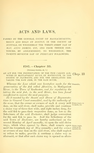 1787 Chap. 0033 An Act For The Preservation Of The Fish Called Alewives In Mattapoiset River, In Rochester, In The County Of Plymouth, And For The Regulating The Taking The Said Fish, In The Said River.