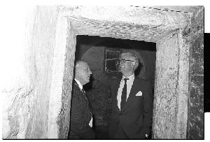 Douglas Hurd, former British Secretary of State for Northern Ireland, visiting the cell of United Irishman, Thomas Russell, who was hanged in 1798 in Downpatrick Jail, now the museum