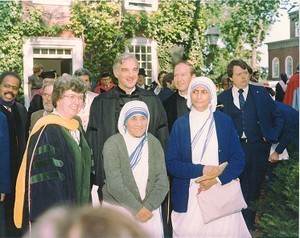 Monan, J. Donald at Harvard commencement receiving honorary degree with other honorary degree recipients, with President Derek Bok outside shot